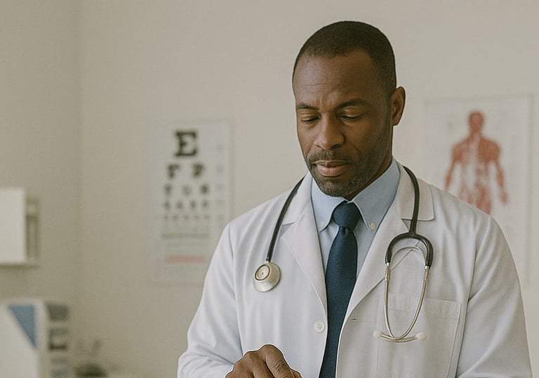 Doctor using tablet with virtual assistant on laptop screen helping manage scheduling.