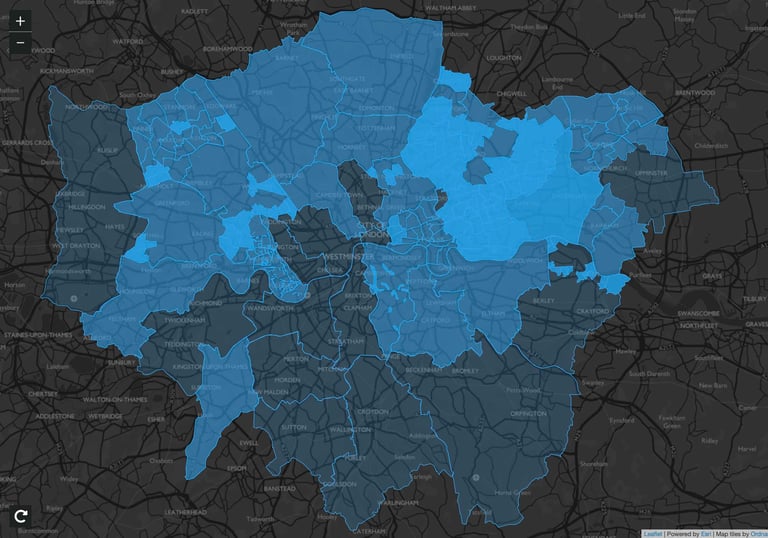 A picture of London outlining selective licensing areas