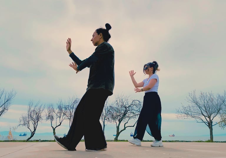 Ebru Tütek and student practicing Bagua walking by the sea, with bare trees and ships in the distance.
