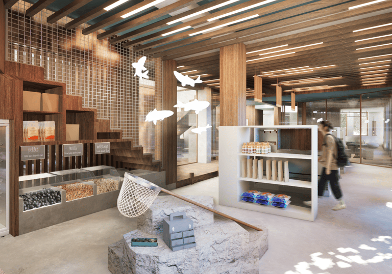 Magasin de pêche avec des présentoirs pour le matériel nécessaire à la pêche