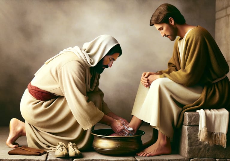Jesus washing a servant's feet, symbolizing humility and leadership through service.