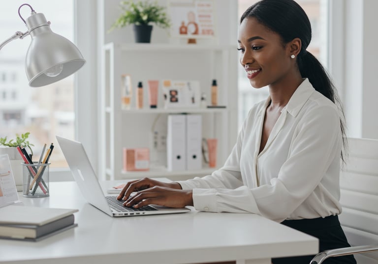 a woman sitting at a desk with a laptop computer