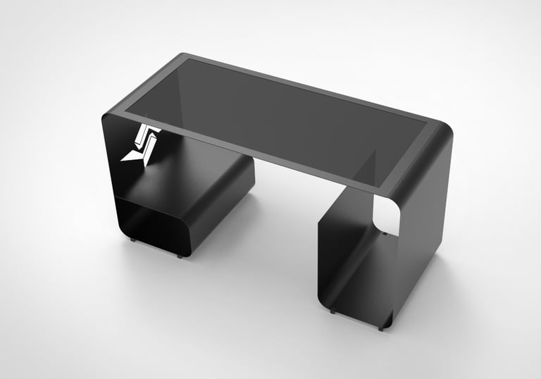 Bapsule : Metal fabricated a desk with a computer monitor and a phone