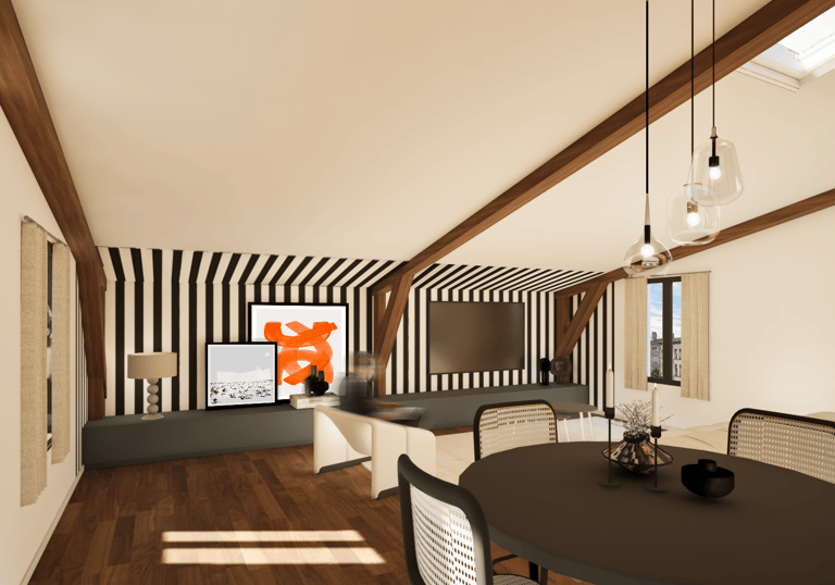 espace salon avec délimitation du toit en pente