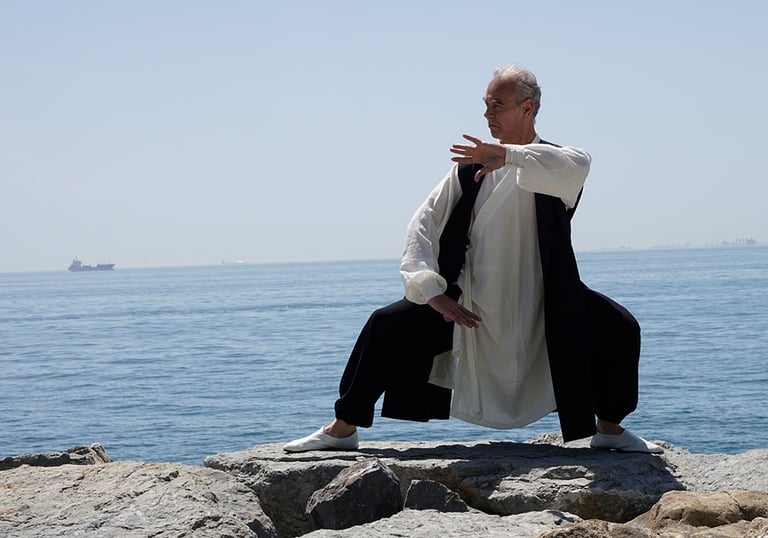 Esat Ataç holding a Tai Ji posture on seaside rocks, wearing traditional Wudang clothing.