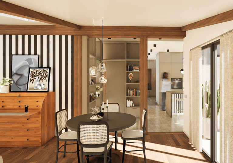 espace salle à manger avec poutres apparentes et la cuisine en fond