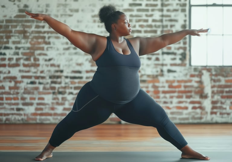 Mujer haciendo yoga, postura Virabhadrasana II