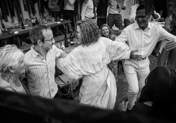 Wedding guests enjoying a fast-paced barn dance led by Rowans, a premier Irish folk and ceilidh band in Devon