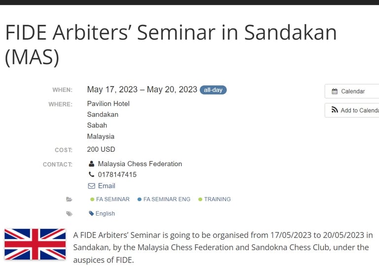 FA Seminar 2023 Conducted By The Sandokan Chess Club in Sabah, Malaysia. 