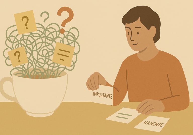 Persona sentada delante de una taza gigante llena con una maraña de pensamientos que ordena.