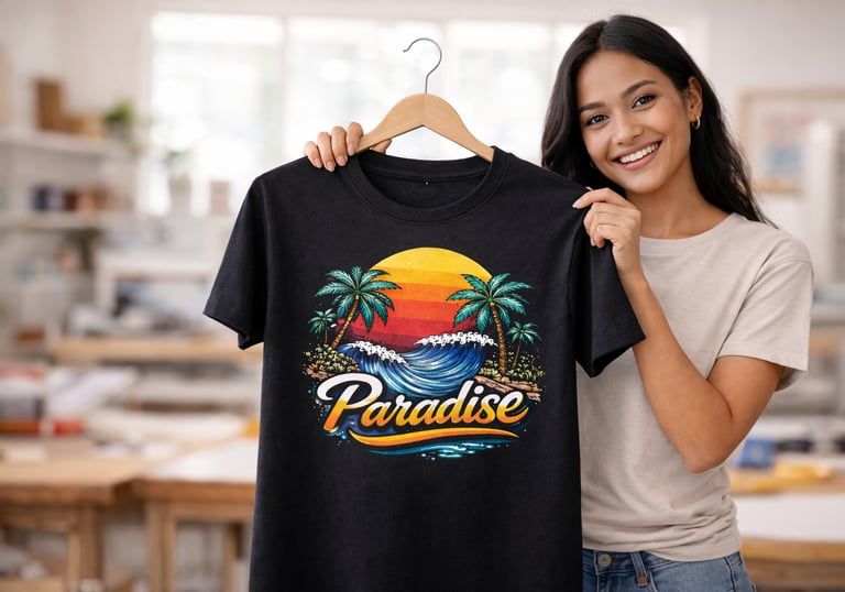a woman holding a shirt that says paradise beach