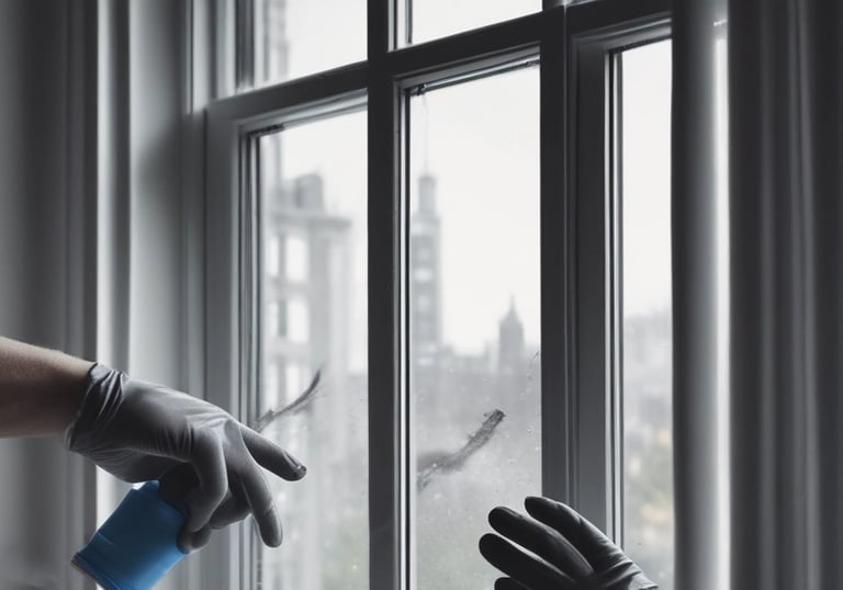 Person cleaning windows in a renovated living room with natural light.
