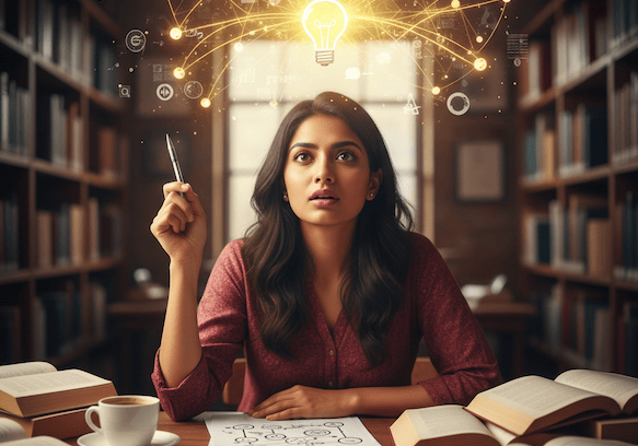 InnerLoom Life Coaching: woman finding clarity while journaling with warm light and creative ideas