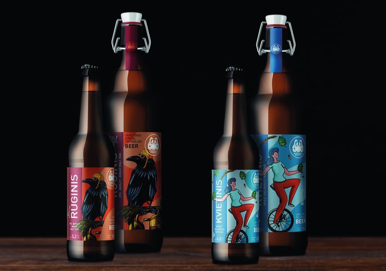 beer bottles with label designs, rye and barley beer