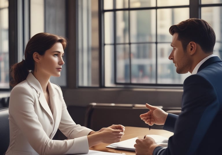 A man and a woman talking in a public setting indoors