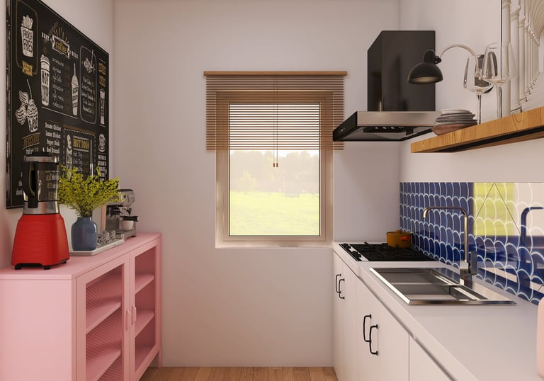 Rinde de cocina moderna con backsplash azul, estanterías de madera y detalles en rosa.
