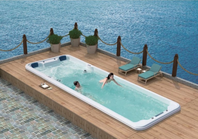 a woman in a swim pool with a man in a boat