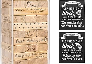 a tower game of wooden blocks with a sign that says please please