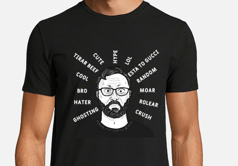 Camiseta divertida con ilustración de un padre confundido rodeado de palabras del lenguaje juvenil 