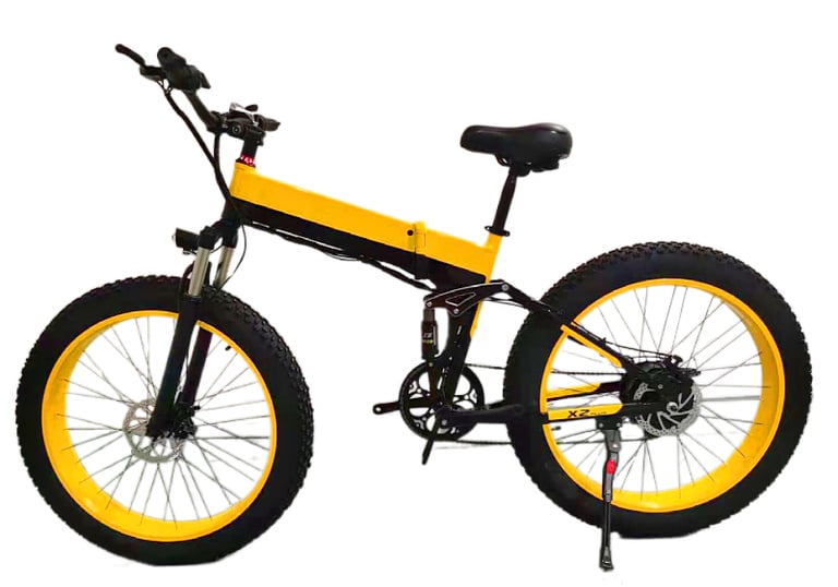electric bicycle with a yellow tire on it