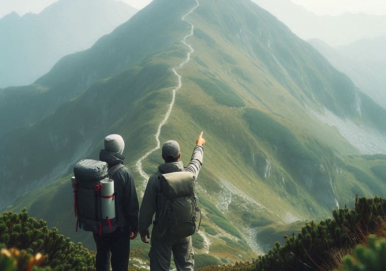 Zwei Wanderer stehen vor einem Berg, der eine weist dem anderen den Weg, symbolisch für Coaching.