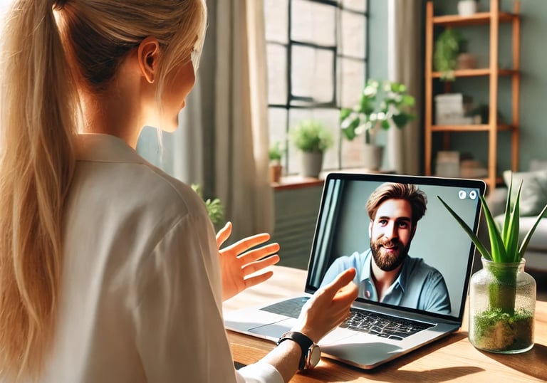 Frau sitzt vor Laptop auf dem ein Psychotherapeut zu sehen ist und macht eine online Psychotherapie