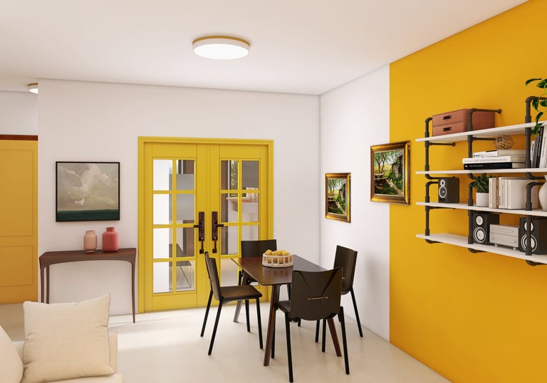 Diseño de comedor moderno con paredes de acento amarillo y estantería industrial de autor.