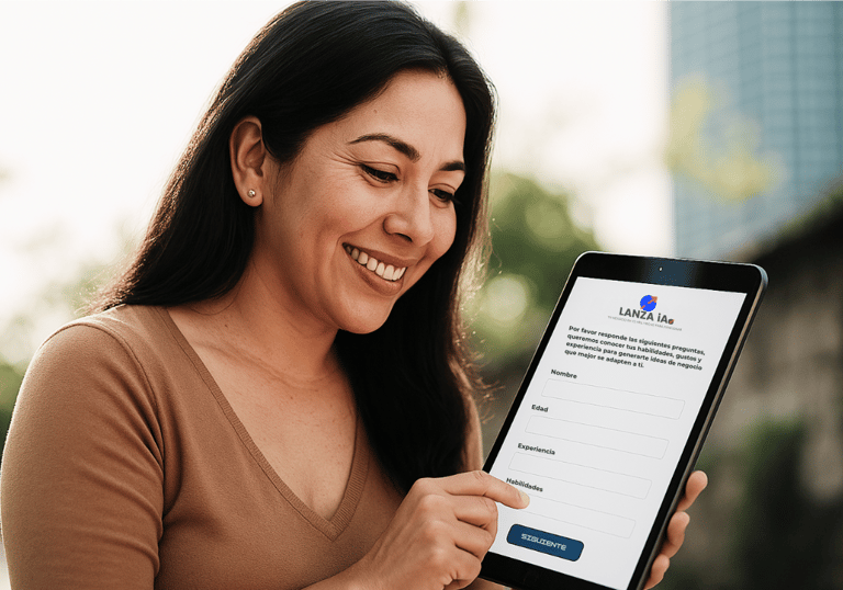 Mujer sonriente usando tablet para llenar formulario digital, representa inicio de negocio personalizado  con LANZA iA.