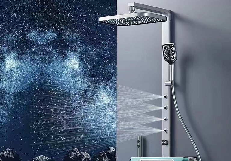 a shower with a shower head and a shower head