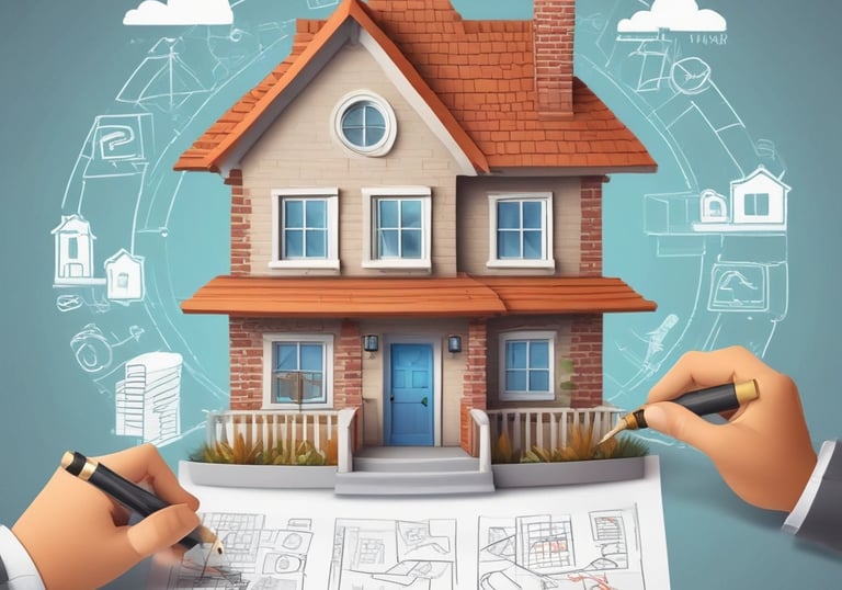 A view of the upper floors of a light-colored building with multiple windows and ornate architectural details. A red and white 'For Sale' sign with contact information is visible on the building's facade. The building is surrounded by greenery, and there are overhead utility lines. The sky above is partly cloudy with patches of blue.