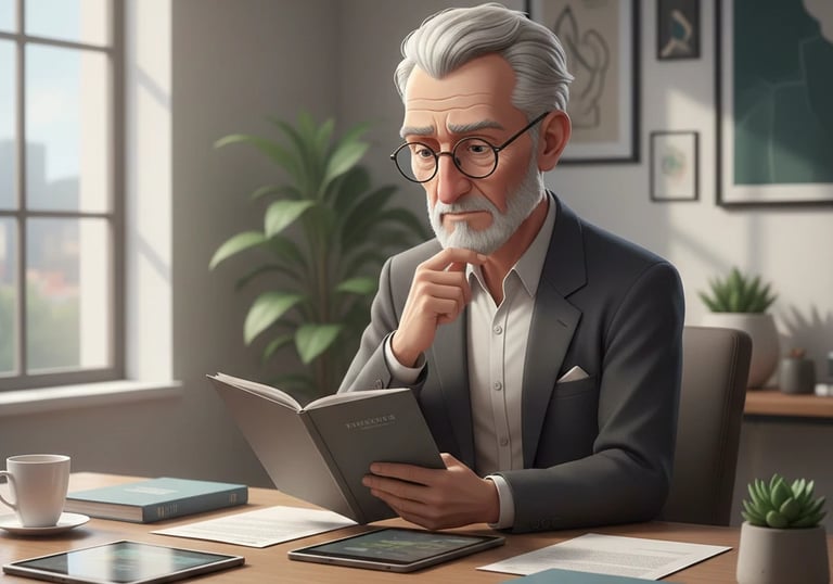 Thoughtful investor reviewing documents (potential red flags).