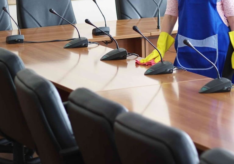 a woman in a blue apron cleaning the office