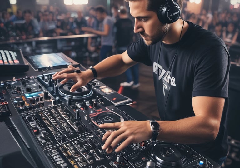 A DJ controller featuring numerous knobs, buttons, and dual jog wheels is prominently displayed. In the background, a laptop with music software running on its screen is visible, adding to the setup's functionality. The lighting is dim, creating an ambient atmosphere with a focus on the equipment.