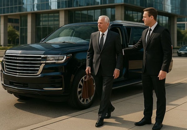 Professional chauffeur escorting business executive from SUV at Houston corporate tower in suit and tie.