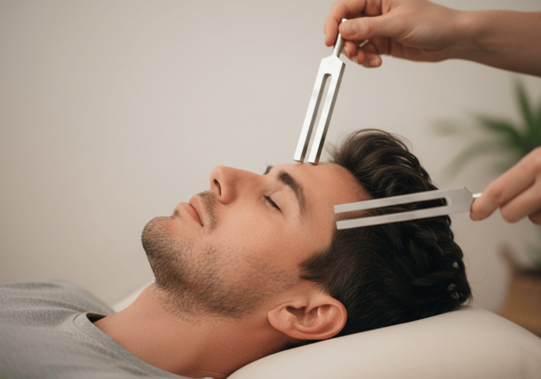 hombre recibiendo terapia de diapasones, sonoterapia, sonopuntura, terapia de sonido energético