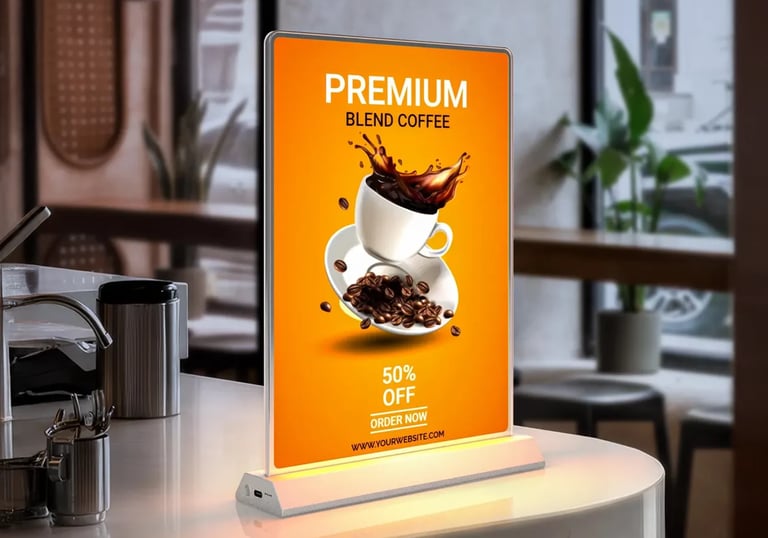 Digital POS coffee ad display at cafe counter. Enhance in-store marketing with tech in Iowa.