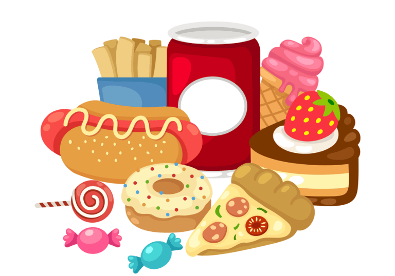 a variety of food items including a can of soda, soda, and candy