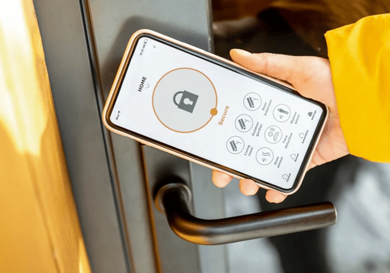 Smartphone unlocking digital door lock. Smart tech upgrades for Cedar Rapids business owners.