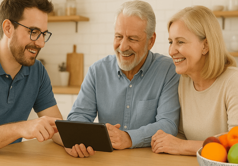 Family learning tablet together in kitchen. Friendly, no-jargon tech help in Cedar Rapids homes.