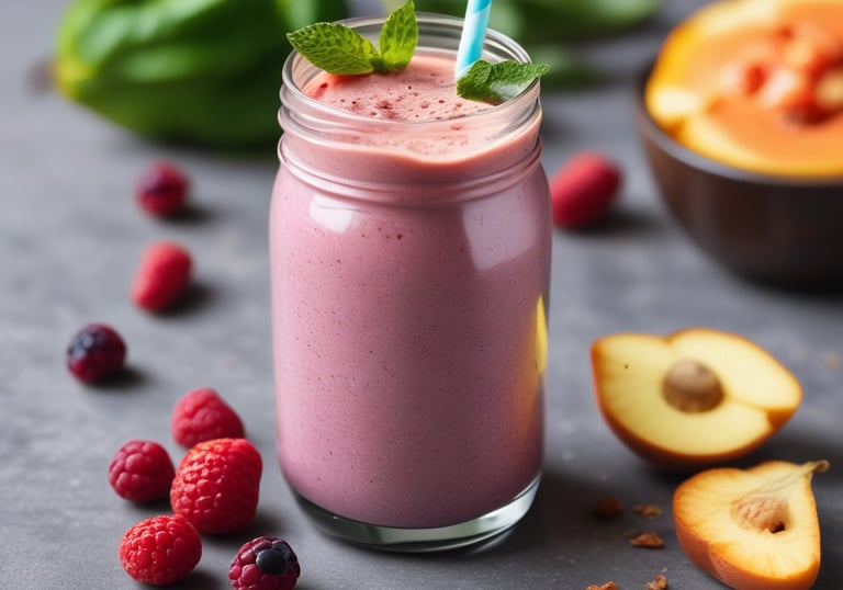 A jar of homemade protein smoothie with a straw on a kitchen counter