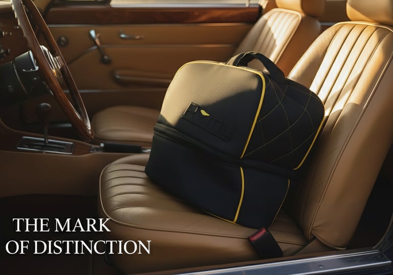 a helmet bag sitting on the front seat of a car