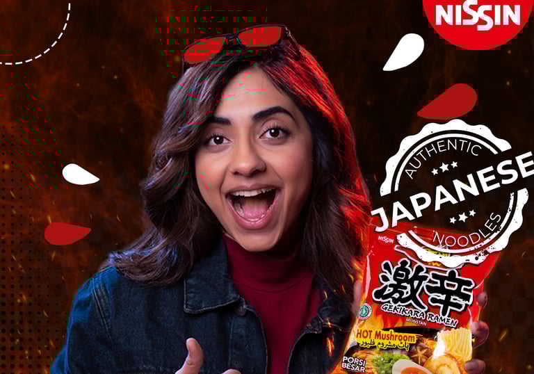 graphic design with a model holding a product and smiling