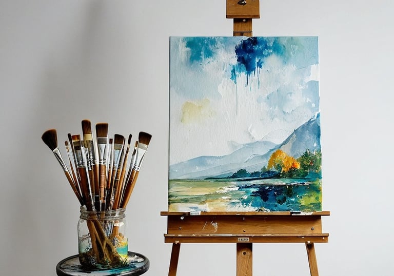 stanowisko malarza z obrazem na sztaludze oraz pędzlami
