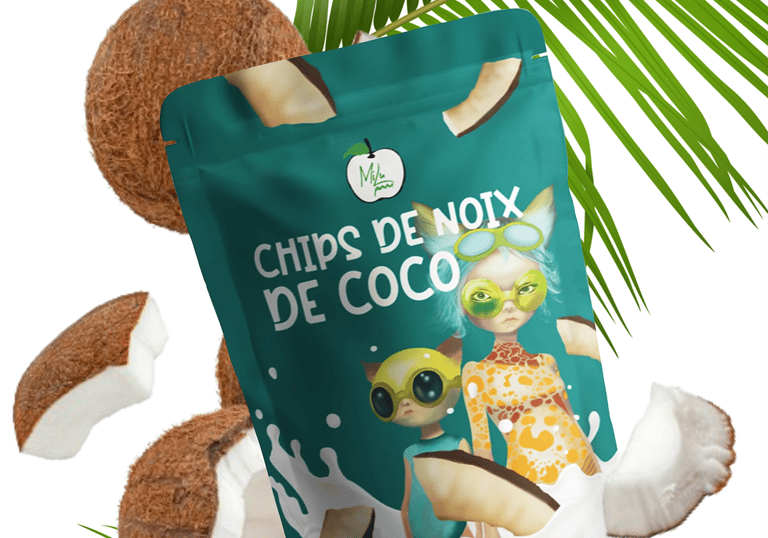 a bag of coconut chips with futuristic illustrations, bright green color bag