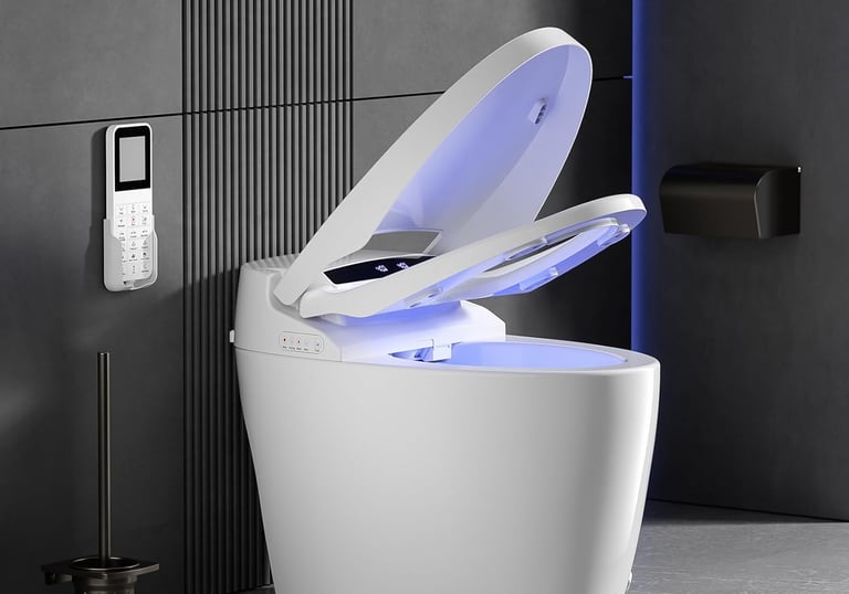 a toilet with a blue light on it