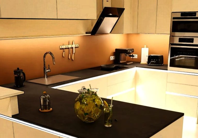 a kitchen with a large island and a kitchen