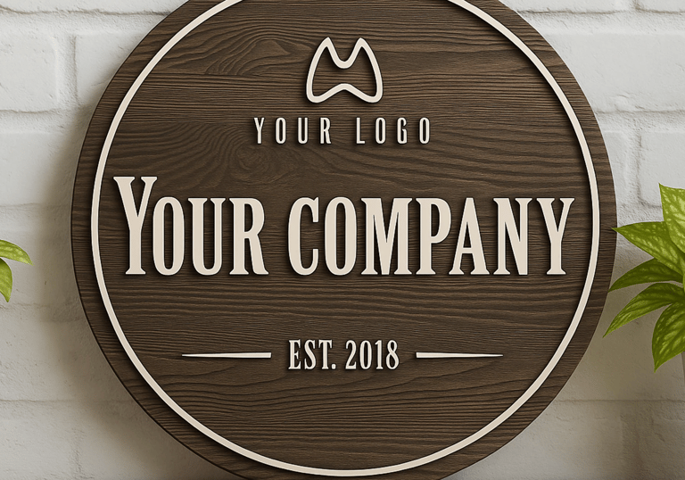 Round wood sign with placeholder logo and company name. Laser engraved custom branding décor.