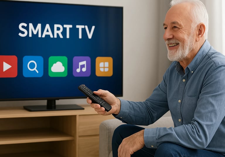 Older man using smart TV with remote, smiling in living room. Tech help for Cedar Rapids seniors.