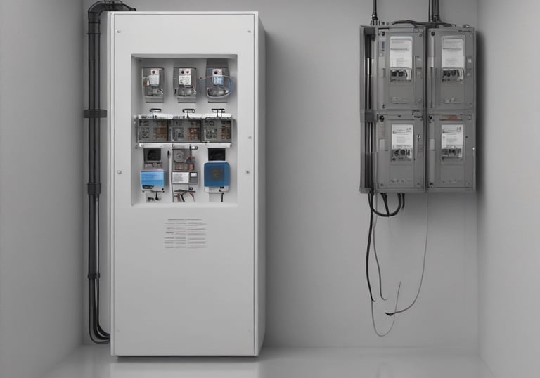 Modern office building with integrated battery storage units and solar panels on the roof.