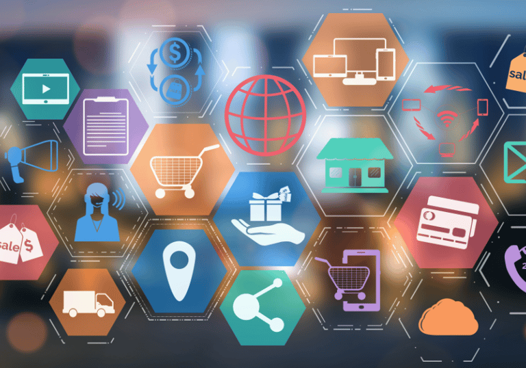 Vários ícones e desenhos representantivos de ferramentas e aplicativos, com várias cores diferentes.